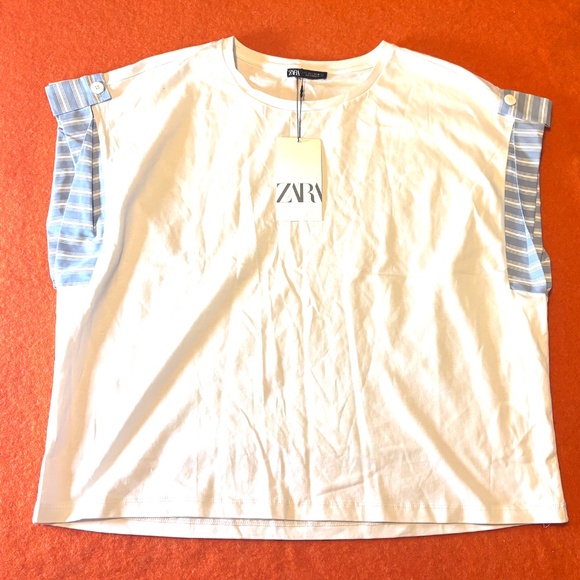 Zara white and blue short poplin details sleeves top t-shirt NWT - Picture 2 of 9